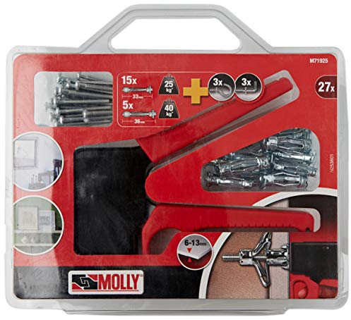 MOLLY Kit de 20 Chevilles de fixation - 10 Chevilles 4 x 33mm et 10 Chevilles 5 x 36mm + Pince de pose, Gris, Set de 27 pièces M71925-XJ