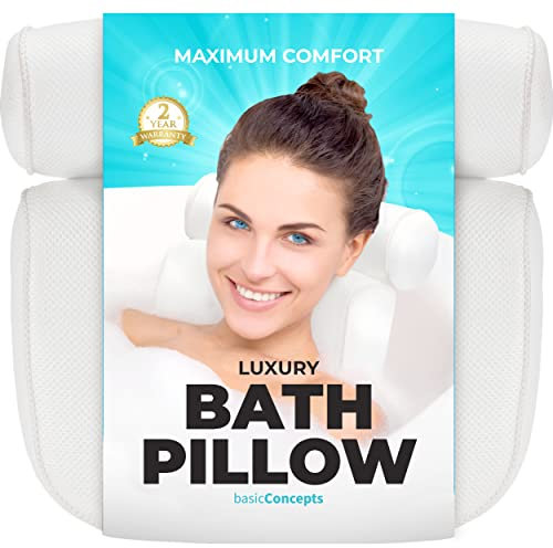 BASIC CONCEPTS Bathtub Pillow for Neck and Back Support with Drying Hook, bathtub pillow Machine Headrest for Soaking & Straight Back Tubs - Bath Accessories, machine washable, 6 suction cups