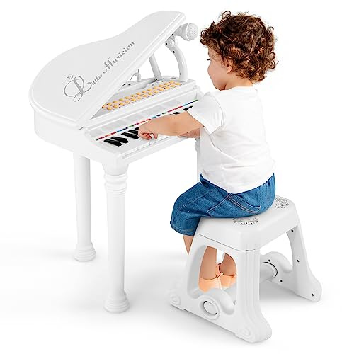 RELAX4LIFE Pianoforte per Bambini con 31 Tasti e Sgabello, Tastiera Pianoforte Elettronico con Microfono Regolabile, Giocattolo Musicale Regalo per Bambini 3+ Anni (Bianco)