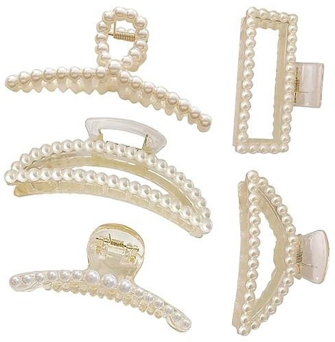 Kryzalite® 5 Stück Perlen-Haarspangen, Verschiedene Modelle, Niedliche Perlen-Haarklammern, für Dickes Haar, Dünnes Haar, Rutschfeste Starke, für Festes Haar, für Damen/Mädchen