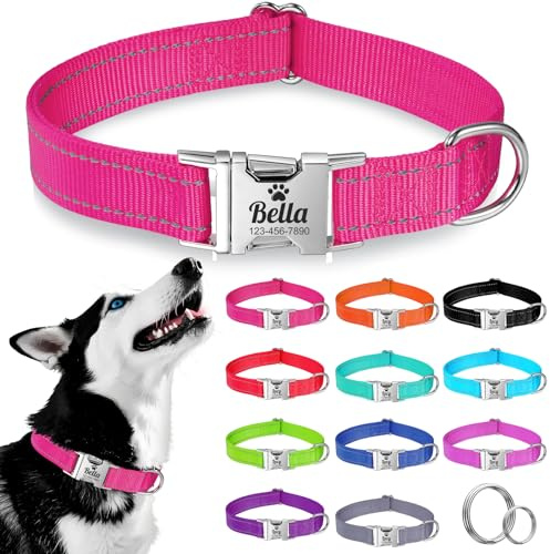 Collare per Cane Personalizzato di Piccola Media e Grande Taglia - Riflettente Collare Cani con Nome e Telefono Numero, Collari per Gatto con Sgancio Rapido e Fibbia in Metallo