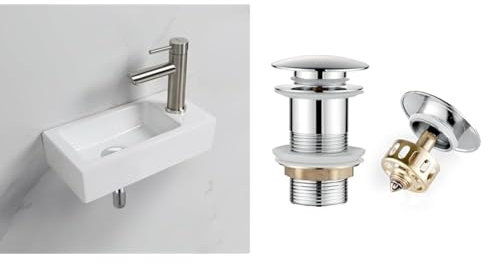 Ibergrif M41102-R, Lavabo Lave Main Blanc Rectangulaire en Céramique Suspendu pour Salle de Bains & Bonde de Lavabo Pop-up Universel - Bouchon Lavabo Salle de Bain Anti-Blocage