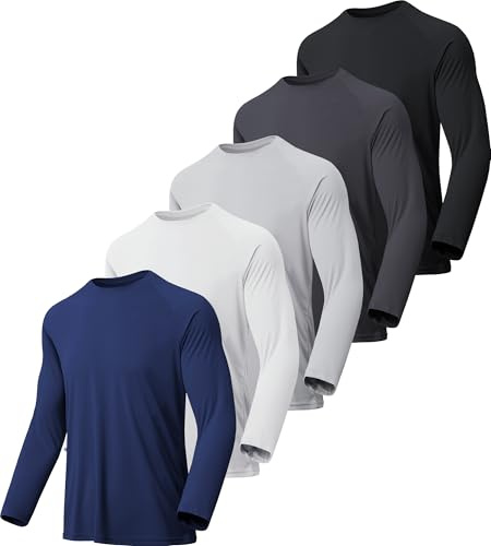 miijoory 5 Piezas Camisetas Manga Larga Hombre Camiseta Deporte Hombre de Secado Rápido Respirable UV Protección Solar para Gimnasio Running (XL,Negro,Gris Oscuro,Azul Marino,Blanco,Gris Claro)