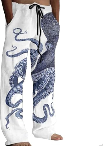 YongXinMY Pantalon décontracté japonais pour homme avec imprimé - Graphique pieuvre - Jambe droite - Cordon de serrage - Taille élastique - Pantalon traditionnel avec art Sashiko - Mélange de lin