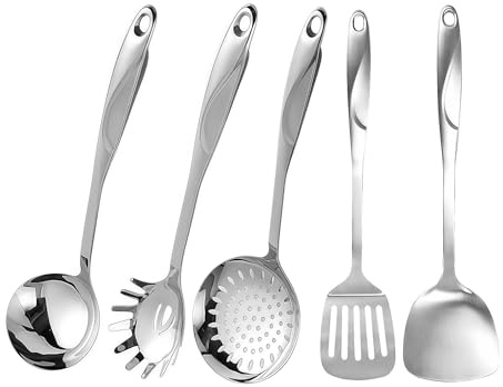 IMEEA SUS304 - Juego de utensilios de cocina de acero inoxidable de 5 piezas, incluye espátula ranurada, cucharón de sopa, espátula sólida, servidor de pasta y espumadera