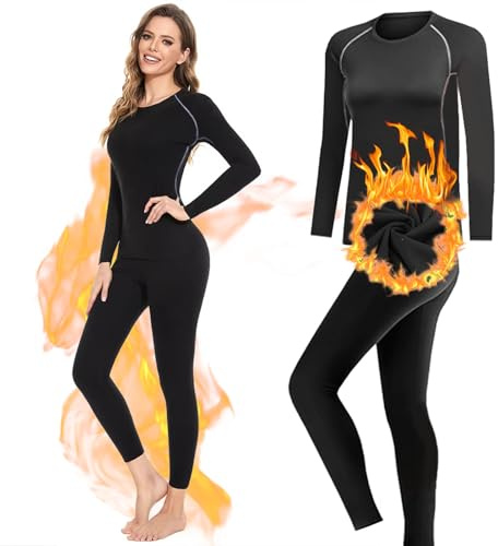 Women Thermal Base Layer Set, Quick Dry Velvet Lined Compression Long Sleeve Tops and Leggings for Ladies Girls Winter Warm, Soft Athletic Stretch Underwear for Biking Ski Running Gym Sport