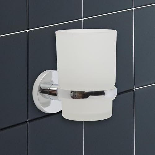 IPEA Porta Spazzolino Adesivo da Parete con Bicchiere - Non Necessita Foratura - Design Moderno - Elegante Porta Spazzolini e Dentifricio da Muro da Incollare in Bagno, Doccia, Casa - Supporto Cromato