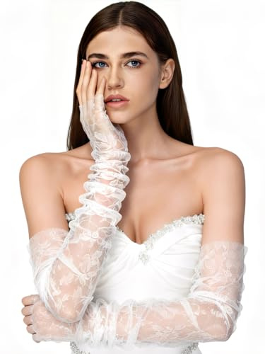 SAWINDA Lace Floral Gloves Bridal Lace Arm Sleeves White Elbow Length Fingerless Gloves Elegant Women Wedding Hand Accessories for Prom Dinner Evening