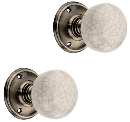 Infinity Decor Pair of Vintage Style Ceramic Mortice Door Knobs (60mm) on Antique Brass Rose – Pull Handles Ideal for Interior & Exterior Doors