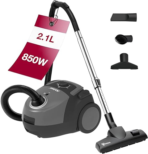 Akitas C5 Aspiradora con Bolsa 850W, Alcance 9m, Cabezal Alemán Wessel-Werk, Filtro HEPA para Mascotas y Alergias, Ligera y Compacta