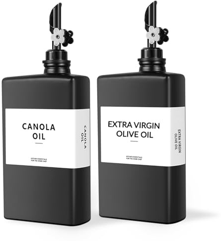 Confezione da 2 dispenser di olio quadrato in vetro, colore nero, da cucina, con versatore automatico a forma di prugna, dispenser per olio e aceto, con imbuto in silicone e 40 etichette impermeabili