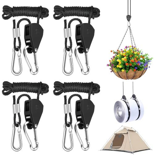 4 Stück Verstellbarer Seil Ratsche 2.4m Seilratsche mit Haken Abspannseile mit seilspanner für Lampenpflanzen, Sonnensegel, Sonnensegelgurt für Markisen, Campingwagen – Tragkraft 68 kg