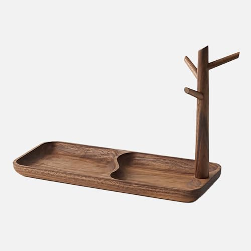 YESWOOD Solid Walnut Catch-All Tray, Multi-Functional Wooden Organiser with Branch Stand for Jewellery & Keys, Decorative Desk or Entryway Tray (Black Walnut)