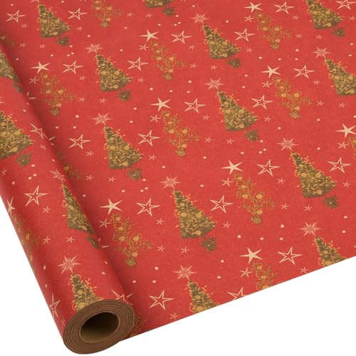 Papel de regalo kraft navideño: rollo de papel de regalo rojo reciclable con árbol de Navidad impreso para envolver regalos - 43 cm x 15 m