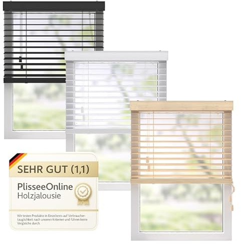 PlisseeOnline Holzjalousie 50 mm Eiche-Optik I Innenjalousie Holz 90x175 cm I Montage ohne Bohren oder Wand-/Deckenmontage I Sicht- & Sonnenschutz Fenster