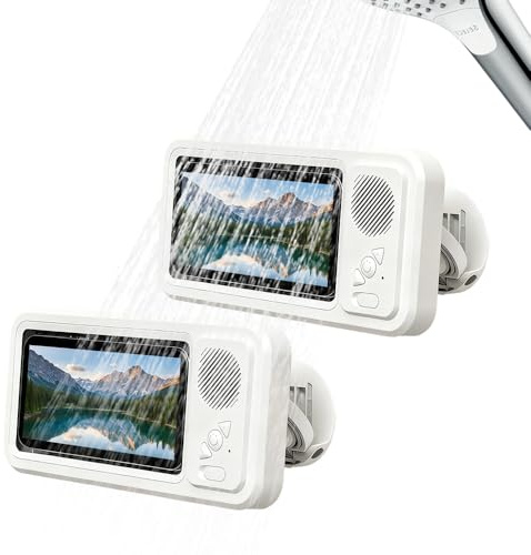 BNGXR 2026 Upgraded Waterproof Phone Holder with Speaker, Shower Phone Holder Waterproof Wall Mounted PhoneHolder, Built-in Smart Bluetooth Speaker, Waterproof/Fog-Resistant for Any Phone (1)