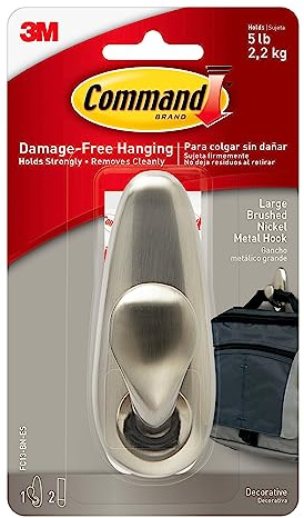 Command Large Forever Classic Brushed Nickel Metal Hook, Indoor use - 1 Hook and 2 Adhesive Strips - Organise Damage Free
