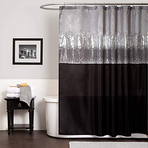 Lush Decor Night Sky Shower Curtain, Single, 72 W x 72 L, Black & Gray - Sequin Shower Curtain - Sparkly Color Block Bath Curtain - Modern Glam Bathroom Decor
