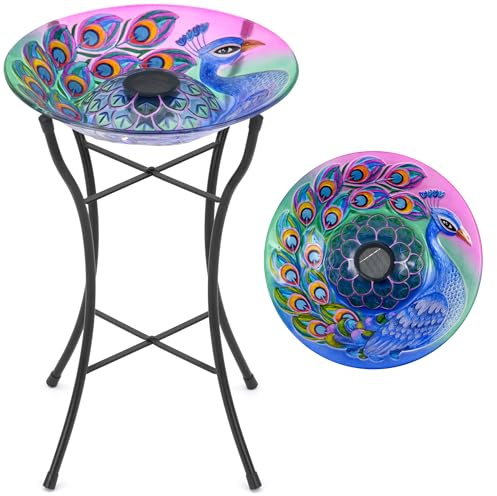 Christow Glass Bird Bath Solar Light Metal Stand Painted Peacock Garden Decoration