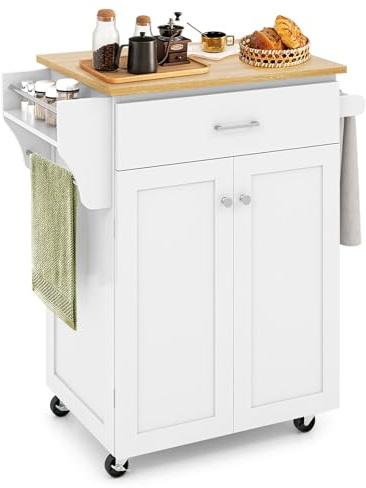 Giantex Rolling Kitchen Island, Kitchen Trolley Cart with Spice Rack, Large Drawer, Towel Rack, Storage Pantry Cabinet with Adjustable Shelf, Kitchen Cart on Wheels, Dining Room Furniture (White)