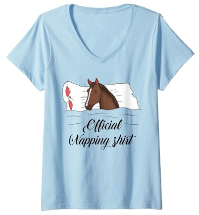 Women's Sleeping Horse Lover Pyjamas Official Napping V-Neck T-Shirt, Baby Blue, Small
