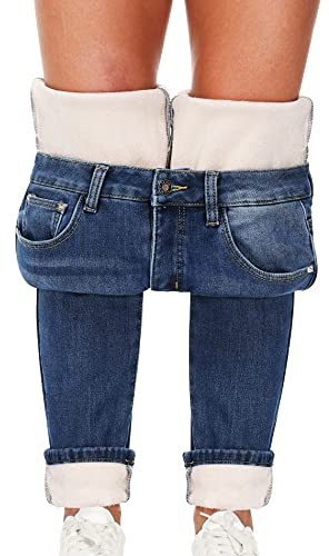 Skirt BL Women's Fleece Lined Jeans Thermal Flannel Lined Jeans Winter Warm Thicken Skinny Stretch Denim Pants (Dark Blue, US 2)