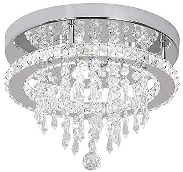 Deckrico Modern K9 Crystal Chandelier 3 LED Lights Stainless Steel Pendant Lamp Flush Mount Light Fixtures for Dining Room Bathroom Bedroom Living Room (Cool White)