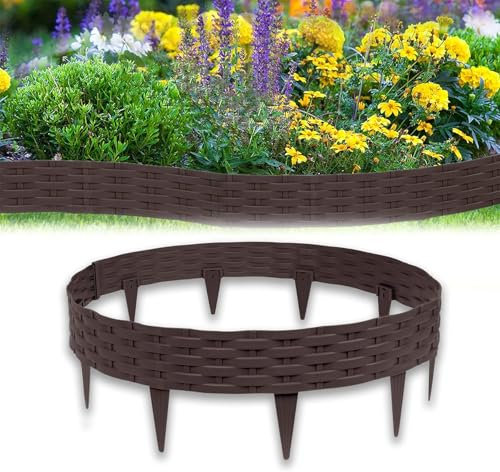 Froadp 100cm Aspect Rotin Bordure de Massif en PP, Palissade de Parterre Flexible de Fleurs en Plastique, DIY Bordurette de Pelouse de Jardin, Courbe et Rond Clôture de Jardin (Lot de 10, Marron)