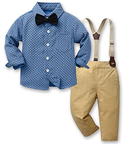 SXSHUN 3-delad baby pojkar kostym set gentleman barn kläder set skjorta rosett byxor sparkbyxor dop bröllop festlig outfit 1–10 år, bleu ciel, 90 cm