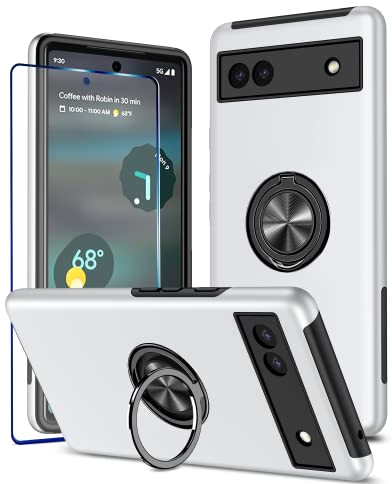 KRAFTCARE Hülle für Google Pixel 6A mit 1 Pack Panzerglas Schutzfolie, Handyhülle mit Eingebetteter 360° Grad Ring, Magnetische Schutzhülle Stoßfest Cover Case für Google Pixel 6A,Silber