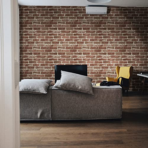 JOLIHOME Papier Peint Vintage Brun Rougeâtre Sticker Mural Autocollant à Effet Brique Rustique Film Vinyle Imperméable Papier Peint Texturé Pierre Ardoise pour Décoration Chambre 44.5x500cm