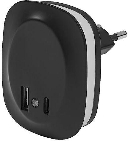 LEDVANCE LUNETTA EDGE Steckdosen-Nachtlicht, schwarz, 0,35W, 10lm, warmweißes Licht, Tageslichtsensor, USB-A & USB-C Anschluss, LED-Technologie, Ladefunktionalität, lange Lebensdauer, IP20, 3000K
