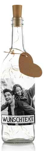 LIEBTASTISCH - Flaschenlicht mit Foto - bedrucken lassen - Personalisiertes Geschenk - selbst gestalten - individuell - mit LED Lichterkette inkl. Batterien- Fotogeschenk (Schwarz/Weiss)