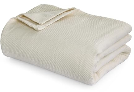 Tribeca Living Yarn Dyed Organic Cotton and Organic Wool Blanket Twin size, Soft and Cozy Oversized Blanket, Fade Resistant, Ivory