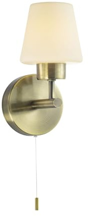 Happy Homewares Modern Antique Brass and Opal Glass IP44 Rated Bathroom Wall Lighting Fixture with Pull Switch | 1 x 18w G9 Required | 20cm x 10cm x 13cm