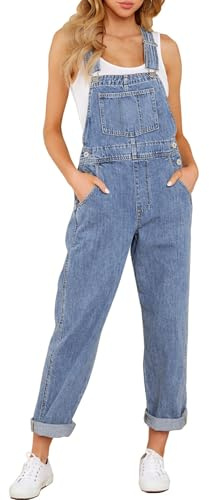 Vetinee Women's Adjustable Straps Pockets Boyfriend Denim Bib Overalls Jeans Pants Blue Mist Medium Fits Size 8 Size 10
