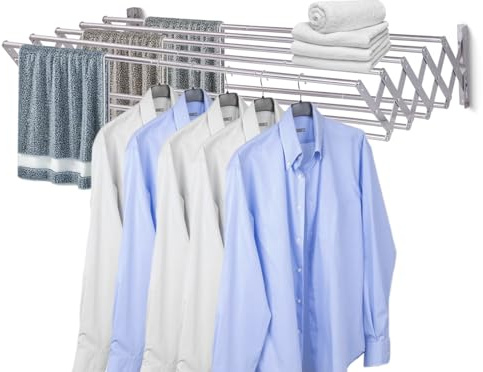 Sinbide Étendoir Mural Rabattable Rétractable Extensible à Linge en Acier Inoxydable - Séchoir Intérieur Accordéon Pliable avec 9 Barres (120 cm)