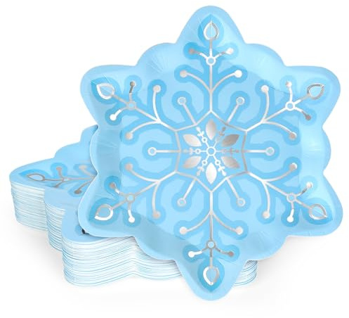 JarThenaAMCS 24Pcs Christmas Snowflake Paper Plates Silver Foil Blue Snowflake Shape Disposable Plates Winter Party Tableware for Xmas Wedding Birthday Table Decor Supplies