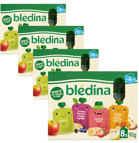 BLÉDINA - Gourdes de Purées de Fruits Bébé - Pomme, Poire, Banane, Abricot, Fraise, Cassis, Myrtille - dès 6 Mois - 32 x 90 g