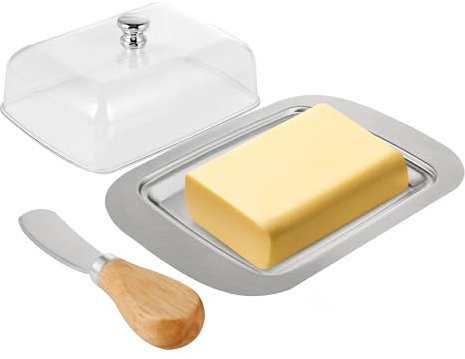 Beurrier - en Acier Inoxydable - Boîte à Beurre - avec Couvercle, Poignée et Spatule - Idéal comme Support à Beurre - pour Fromage, Gâteaux, Desserts et Petits Fruits