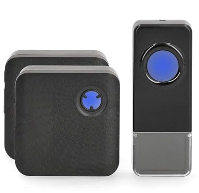 Trådlöst dörrklockset – nätströmförsörjning – 100 – 240 V AC 50/60 Hz – 1 x 23 A 12 V – volym: 110 dB – signalräckvidd: 150 m – IP55 – justerbar volym – 58 melodier – 2 mottagare