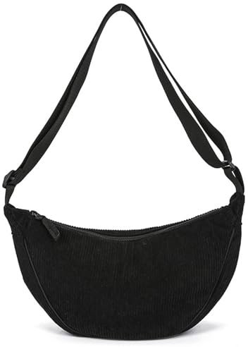 JJPJL Umhängetasche Damen Klein,Halbmond Tasche Damen,Cord Tasche,Cord Bauchtasche Damen,Bauchtasche Cord,Half Moon Bag Damen,crossbag damen,Crossbody Schultertasche,mit verstellbarem Gurt (Schwarz)