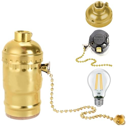 CAKEEYUM Pull Chain Light Socket, Screw Thread Lamp Socket with Pull Chain, Vintage Metal Lamp Holder for E26 E27 Light Bulbs, Gold with C