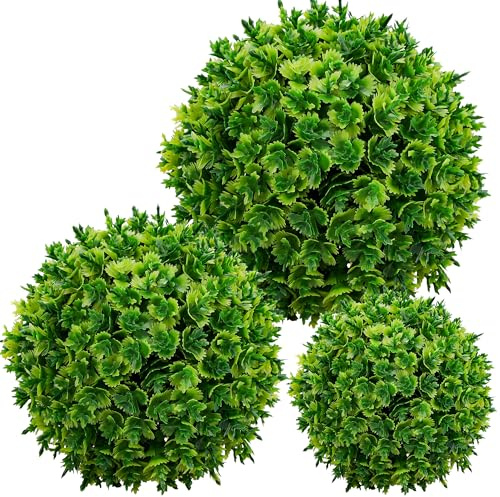 Funzhan 3pcs Hanging Artificial Topiary Ball, Faux Realistic Greenery Boxwood Balls, Decorative Outdoor Garden Plants for Indoor Home Décor Porch Wedding Decoration