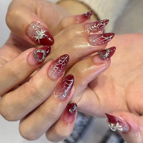 24PCS Medium Almond Press On Nails – Red Gradient False Nails with 3D Spider & Heart Charms – Long-Lasting & Comfortable Acrylic with Glue For Party, Wedding Daily Wear