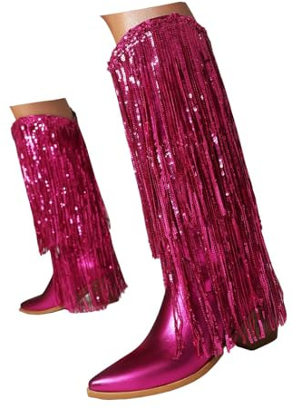 Xbemkste dam knästövlar glitter lack halvskaft fransar stövlar cowboystövlar dam med klack, västerländska stövlar klassiska knähöga stövlar halvstövlar vinterstövlar