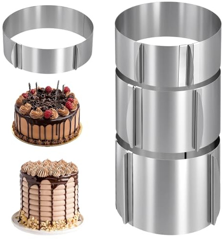 FUNSUEI Set di 4 Anelli per Torte Regolabili in Acciaio Inox, Altezza 6/8/12/15 cm, Diametro 16-30 cm, per Dolci, Dessert e Pasticceria