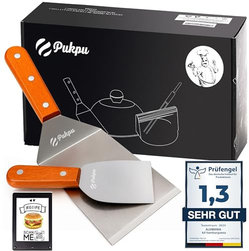 PUKPU Set Spatole Cucina Inox – Spatola Hamburger, Paletta Cucina, Schiaccia Burger e Accessori Piastra Plancha Barbecue
