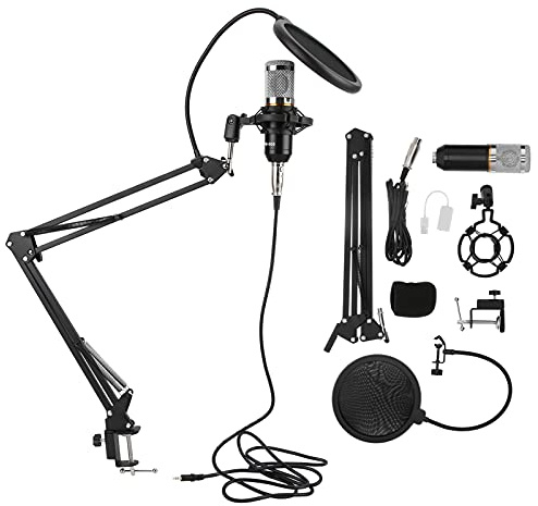 Kit de micrófono de condensador BM800, micrófono de grabación profesional USB con brazo flexible, sonido claro para transmisión de canto, doblaje, incluye soporte de choque para (Negro+Plata)