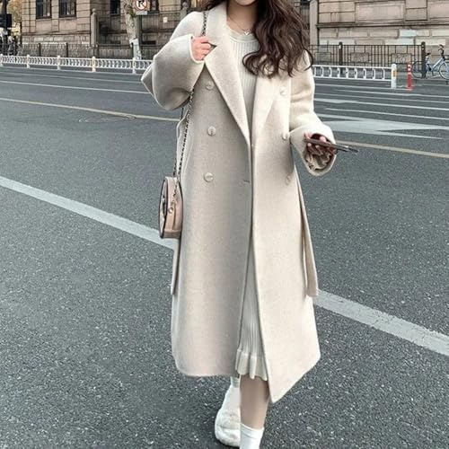 Abrigo de lana de longitud media para mujeres de talla grande, ajuste holgado, chaqueta de otoño e invierno con estilo Hepburn y elegante aspecto coreano (M albaricoque)